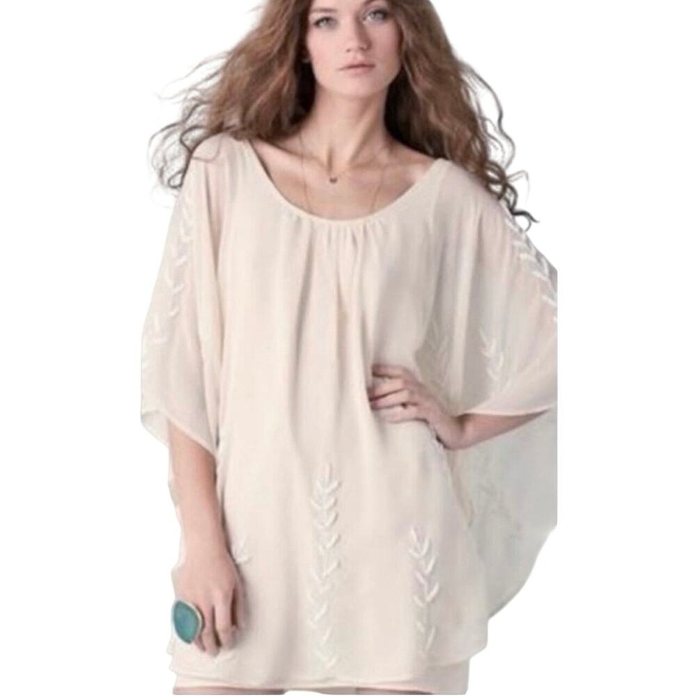 FREE PEOPLE Women’s Boho Cream Beaded Poncho Pullover Mini Dress